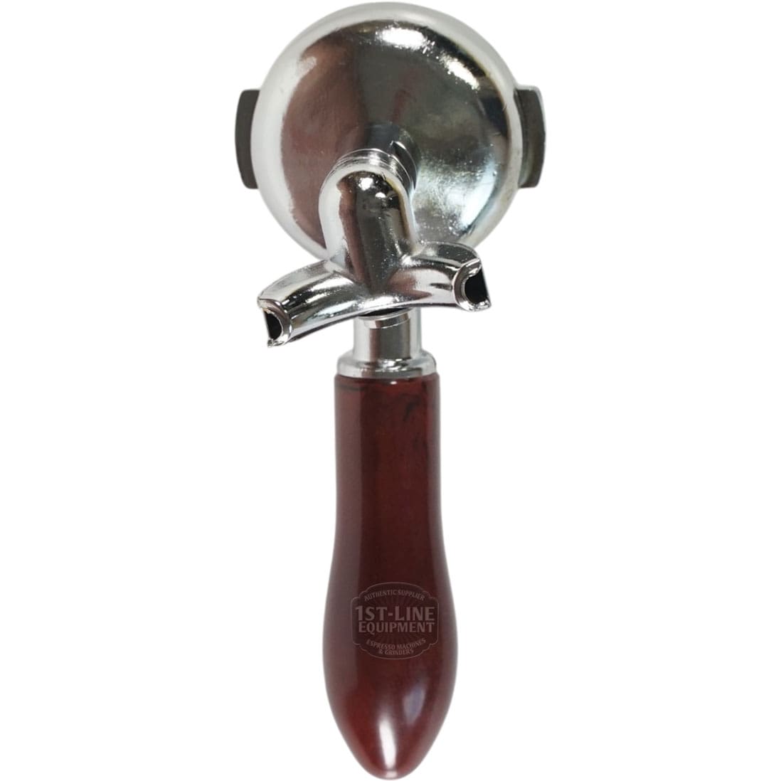 The Elektra 02278039 is a polished metal 58mm dual spout portafilter with a brown wood handle, used for holding coffee grounds in espresso machines. © 2025 1st-line.com