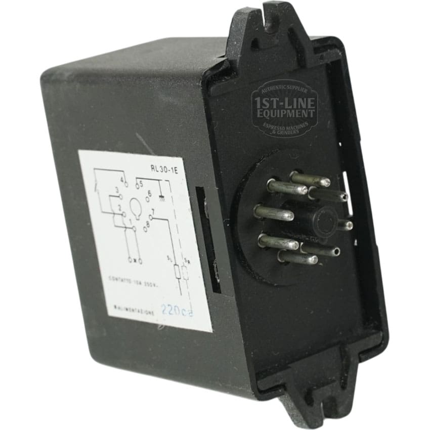 The Gicar RL30/1E/8 9.1.00.00 is a black rectangular water level regulator, rated for 220V, featuring eight front metal pins and a wiring diagram on the side; ideal for controlling water levels. © 2025 1st-line.com