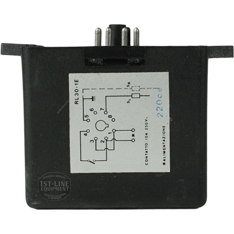 The Gicar RL30/1E/8 9.1.00.00 Water Level Regulator features a black body, white label with wiring diagram and 220V info, and five top metal connector pins for easy identification of connection points and voltage specifications. © 2025 1st-line.com