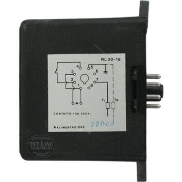 The Gicar RL30/1E/8 9.1.00.00 Water Level Regulator is a black electronic relay module for 220V systems, featuring contact ratings and a wiring diagram on its surface, plus a four-pin connector on the right side. © 2025 1st-line.com