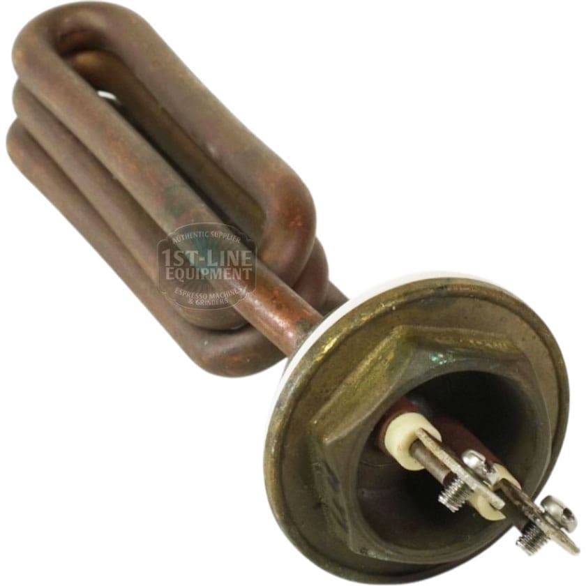 The Heating Element 110V 1800W features a coiled tube with a round, brass-like base that has two electrical connectors and screws. Its worn finish and robust design deliver efficient performance for your heating needs. © 2025 1st-line.com
