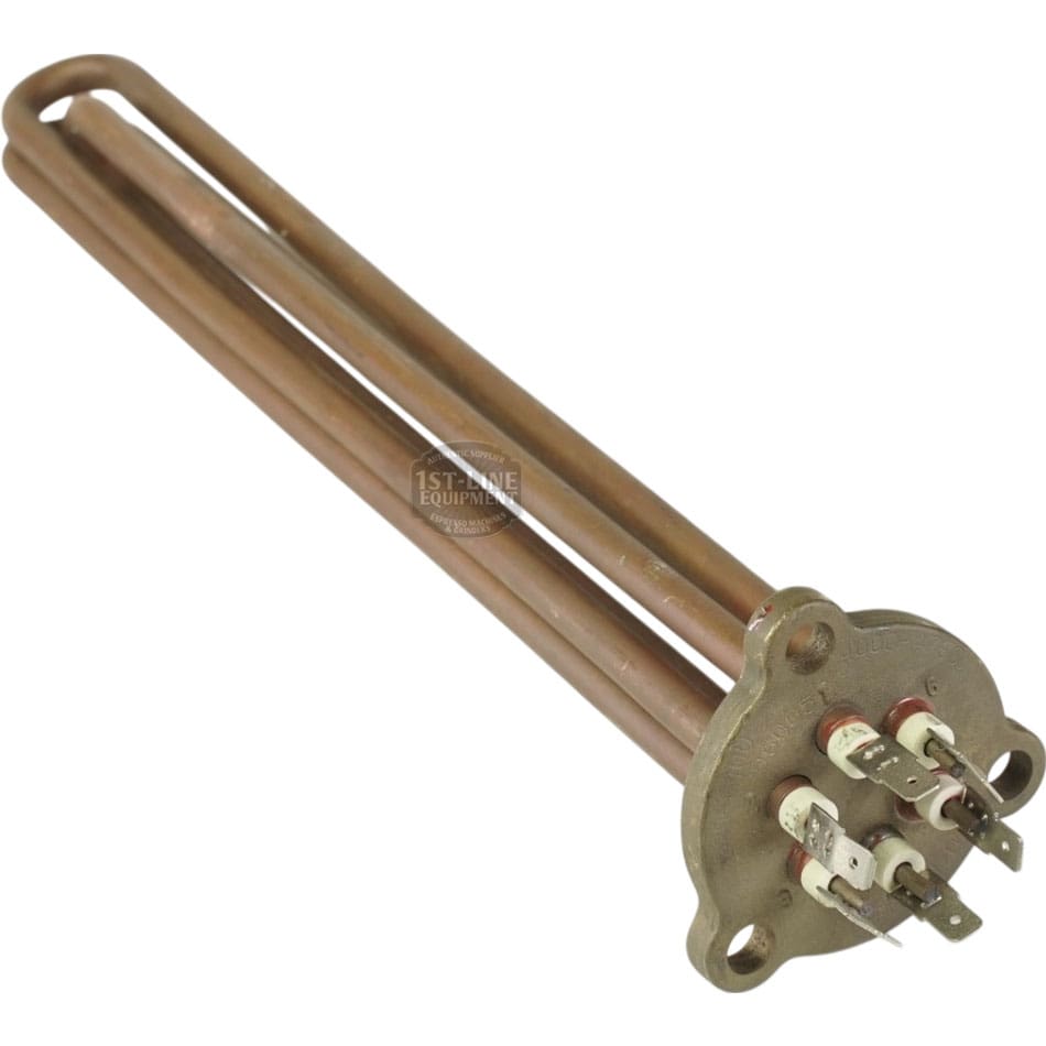 The Nuova Ricambi 310450 220V 4000W heating element features two long cylindrical rods and a mounting flange with electrical connectors, designed for installation in water heaters or similar appliances. © 2025 1st-line.com