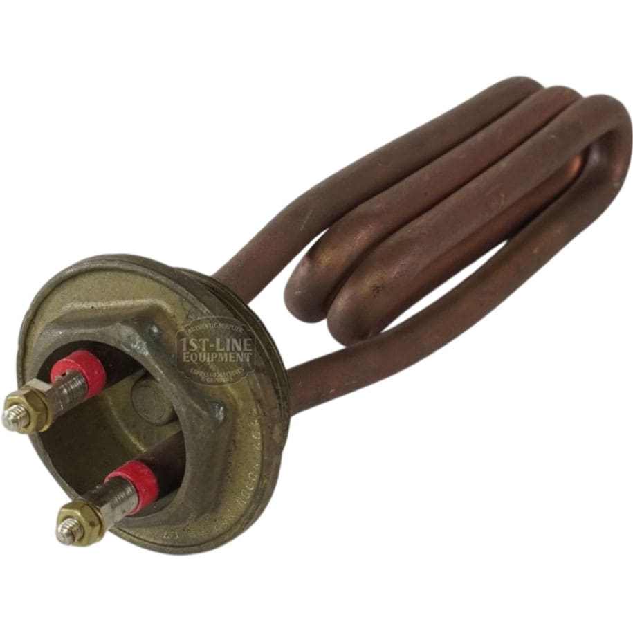 The Nuova Ricambi 400619 110V 1800W Heating Element features a metal coil, brass base, two electrical terminals, and coiled copper tube for water heating in appliances; compatible with select Nuova Ricambi models. © 2025 1st-line.com