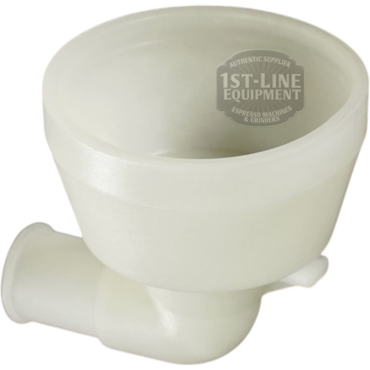 The Nuova Ricambi 632932 Tank Drain Cup is a white plastic dosing funnel with a spout, designed for Nuova Ricambi espresso machines and grinders. It features the 1st-Line Equipment logo in the center. © 2025 1st-line.com