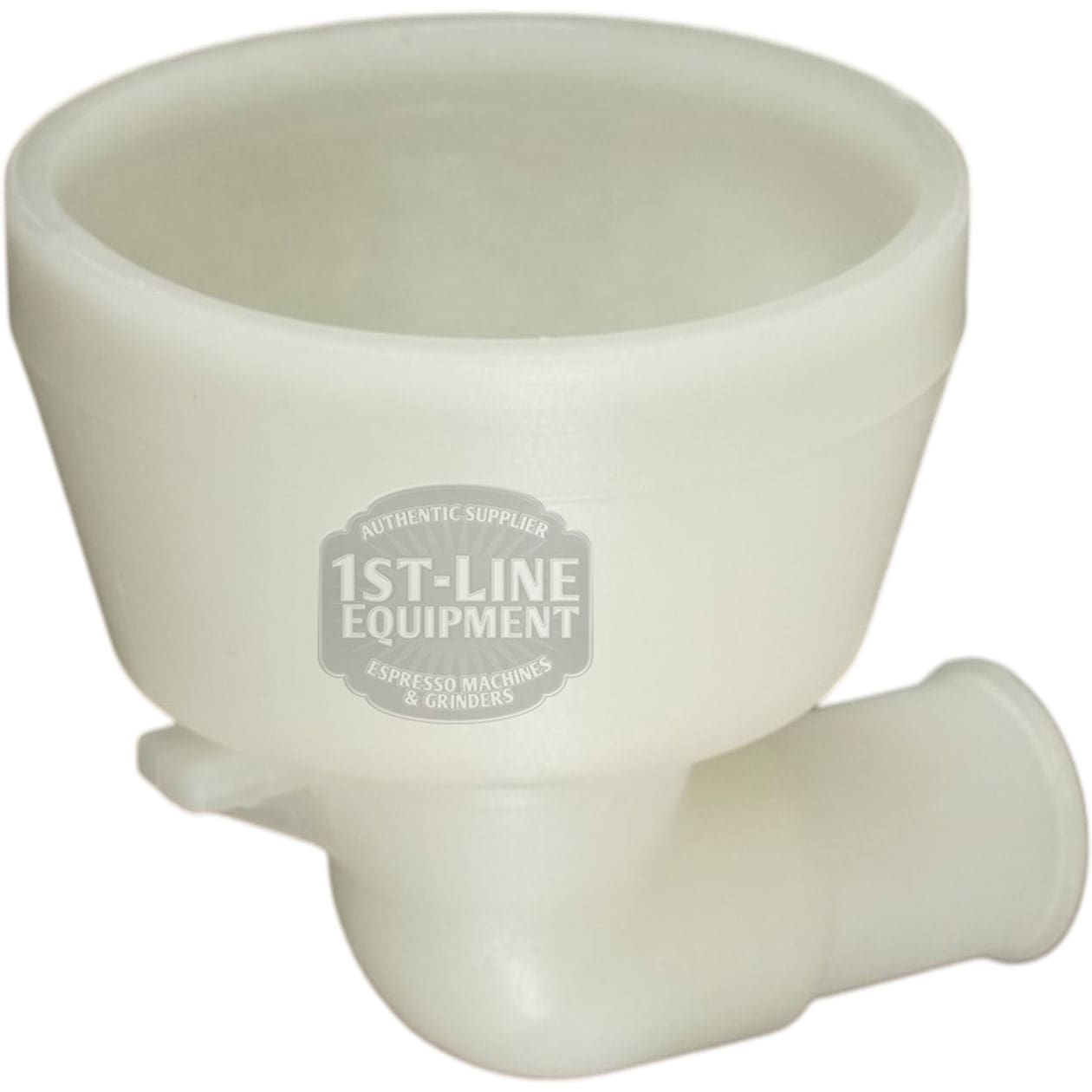 The Nuova Ricambi 632932 Tank Drain Cup is a white plastic part with a round open top, sloped body, and horizontal cylindrical bottom spout. 1st-Line Equipment is printed on the side. © 2025 1st-line.com
