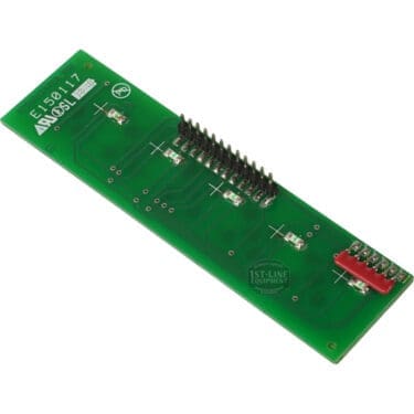 The Rancilio 10705226 S20 12-pin Two Dose Touchpad is a green circuit board with white markings and a 12-pin connector, shown angled against a white background—designed for compatibility with the Rancilio S20. © 2025 1st-line.com