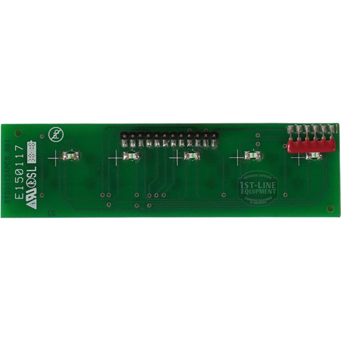 The Rancilio 10705226 S20 12-pin Two Dose Touchpad is a green rectangular circuit board with multiple small components, black 12-pin connector pins, a red connector on the right side, and visible text and logos. © 2025 1st-line.com