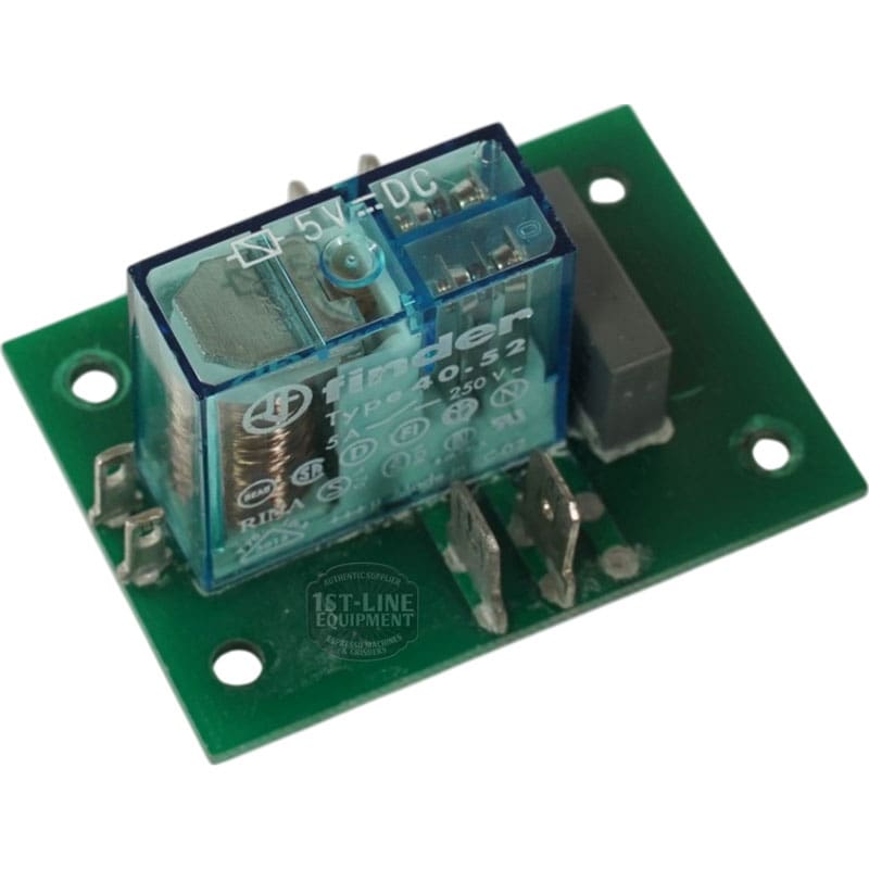 The Rancilio 34070111 Relay PC Board Omicron Timer features a green board with a blue transparent relay, marked 5V DC and electrical ratings—perfect for Rancilio espresso machines or use with Omicron Timer systems. © 2025 1st-line.com