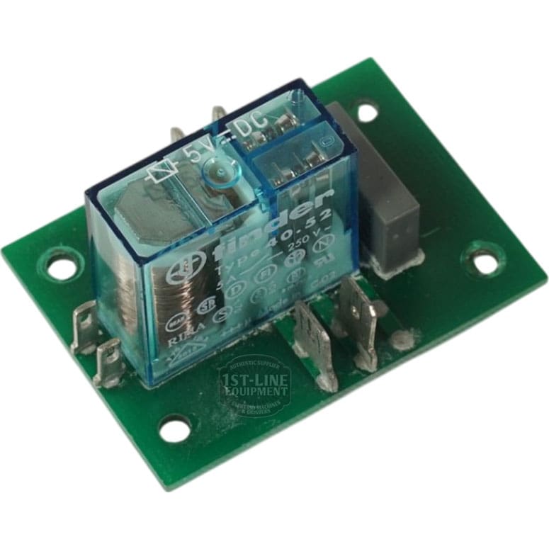 The Rancilio 34070111 Relay PC Board Omicron Timer features a green module with a blue transparent relay marked “5V DC,” mounted on a rectangular board with metal terminals and screw holes at the corners. © 2025 1st-line.com