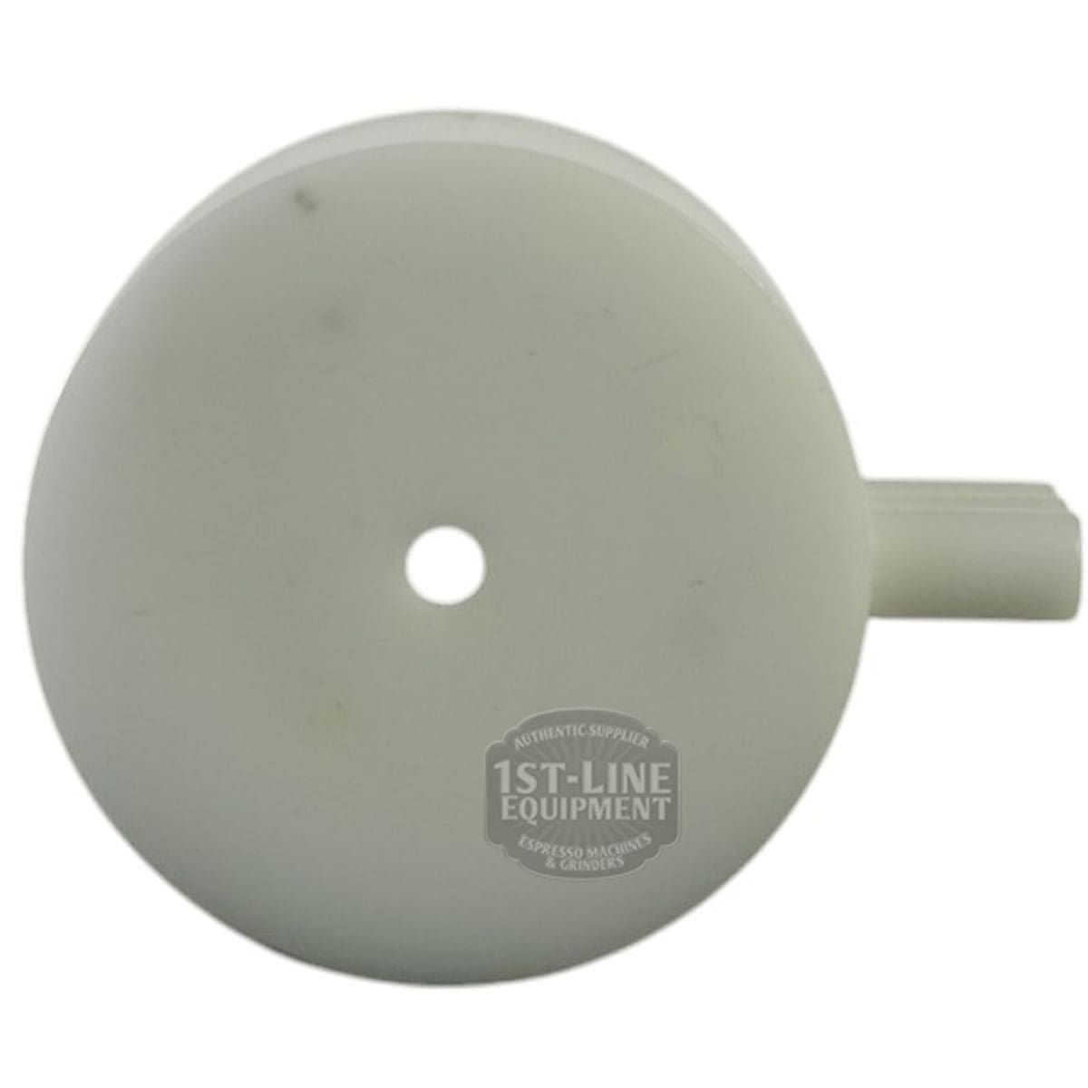 The ROCKET A439904347 Tank Receiver Manifold is a round, white plastic part with a small central hole and short side extension, shown on a plain white background. © 2025 1st-line.com