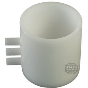 The ROCKET A439904347 Tank Receiver Manifold is a white, cylindrical plastic cup featuring three short, parallel protruding tubes on one side. Shown on a white background with a faint 1st-Line Equipment watermark. © 2025 1st-line.com
