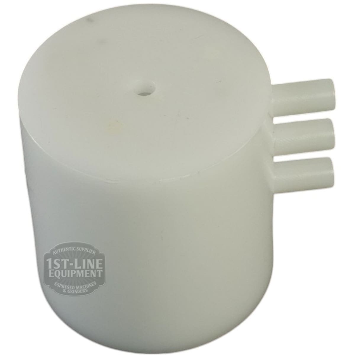 The ROCKET A439904347 Tank Receiver Manifold is a white cylindrical plastic part with three small horizontal tube connectors on one side, a small top hole, and a semi-transparent 1st-Line Equipment watermark on the lower side. © 2025 1st-line.com