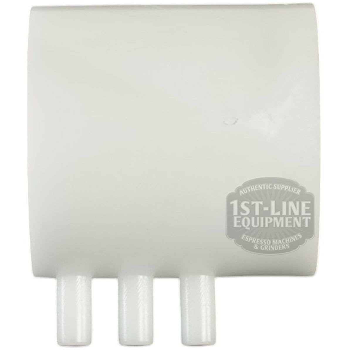 The ROCKET A439904347 Tank Receiver Manifold is a white plastic component with three cylindrical prongs at the bottom and a translucent 1st-Line Equipment logo on the right side. © 2025 1st-line.com