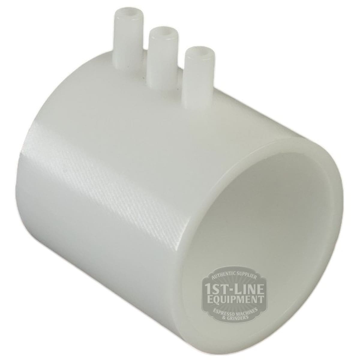 The ROCKET A439904347 Tank Receiver Manifold is a white plastic cylindrical part with three vertical tube connectors on top, designed for compatible coffee or espresso machines. The 1st-Line Equipment logo appears on its side. © 2025 1st-line.com