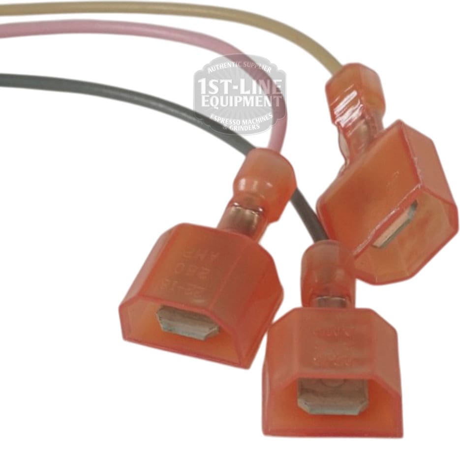Three Bunn - 12274.0002 socket connectors with leads in orange, each featuring yellow, black, and pink wires, displayed on a white background; suitable for various Bunn applications. © 2025 1st-line.com