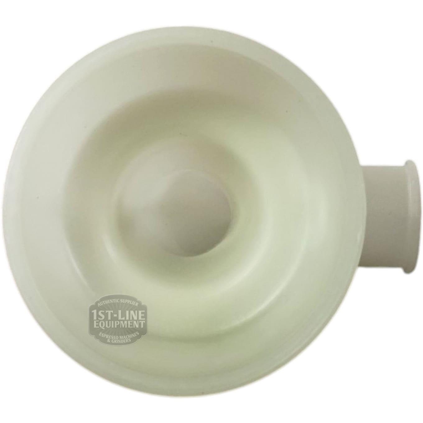 Top view of a Nuova Ricambi 632932 Tank Drain Cup, white and round with a side spout, featuring the 1st-Line Equipment logo watermark visible inside the funnel. © 2025 1st-line.com
