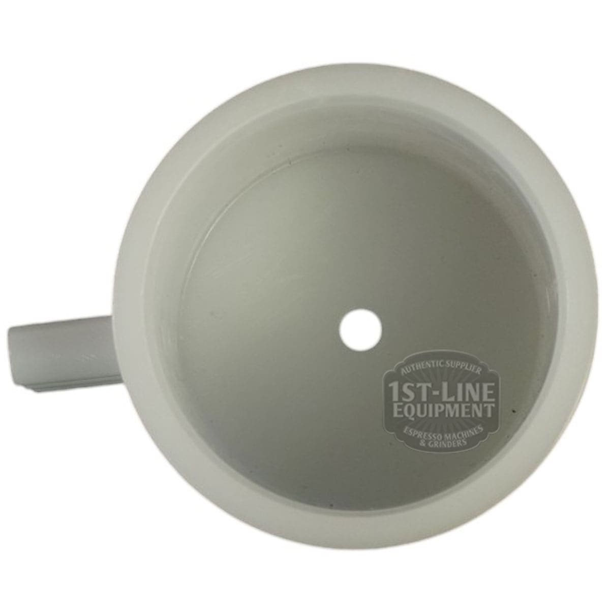 Top view of a white plastic cup with a handle and a central hole, featuring the 1st-Line Equipment logo and the label ROCKET A439904347 Tank Receiver Manifold inside. © 2025 1st-line.com