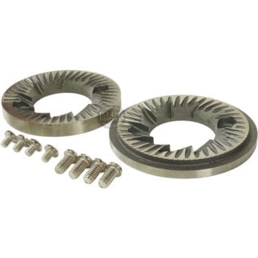 Two metal burrs with jagged edges and seven small screws are shown on a white background—the Bunn 05861.1002 Burr Set Kit, engineered for precise coffee grinding. © 2025 1st-line.com