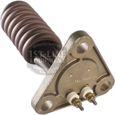 The Nuova Ricambi 700459/11 110V 1750W Heating Element features a metal and ceramic build with a coiled brown insulator and two connectors, suitable for espresso machines or grinders using Nuova Ricambi models.