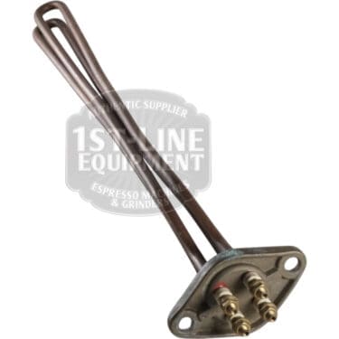 The Nuova Ricambi 700778/S 220V 3700W heating element features a long tubular design, triangular base plate, and three terminals; ideal for espresso machines and appliances needing water heating. Compatible with Nuova Ricambi models.