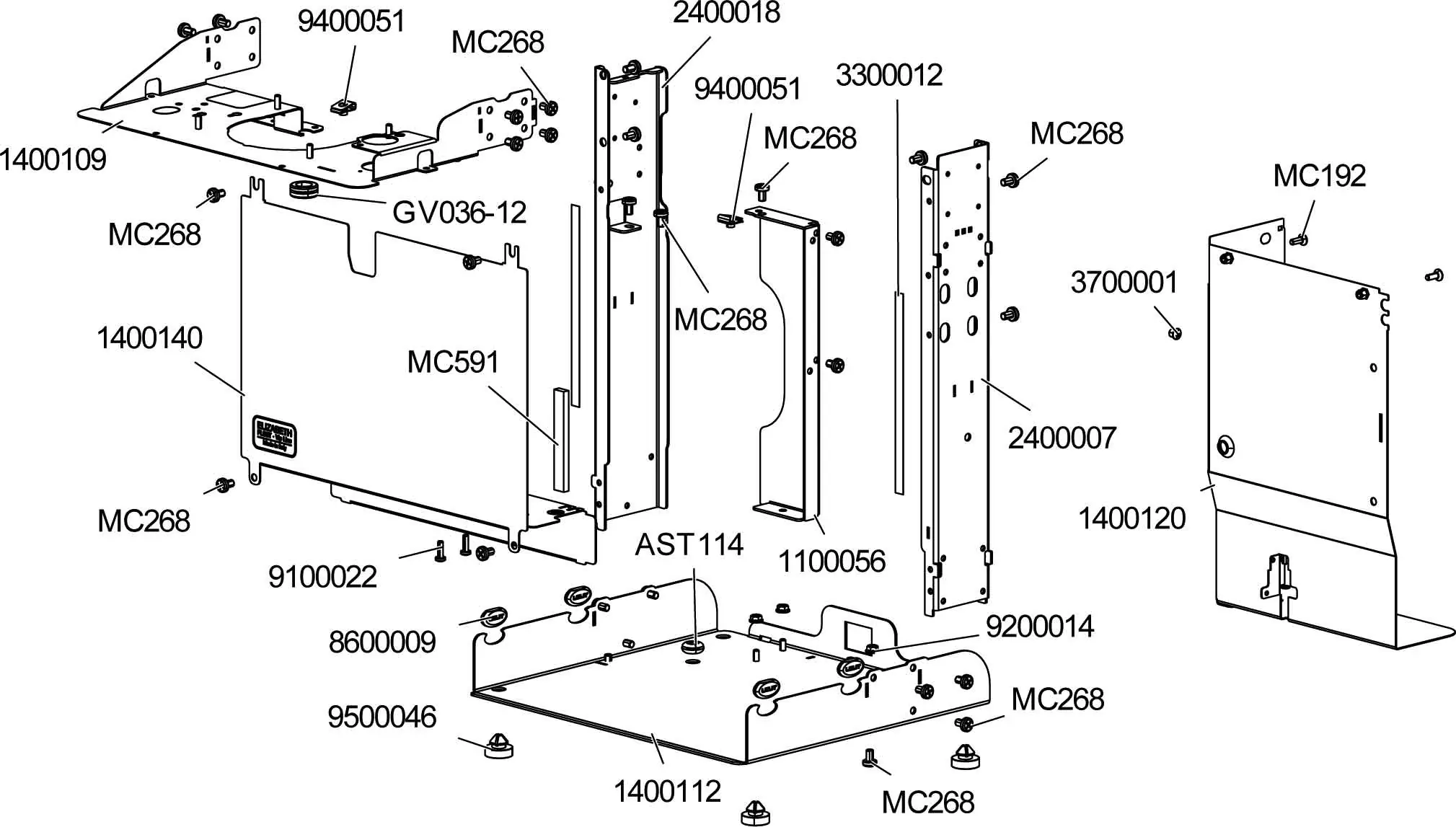 Exploded Parts Diagram showing labeled metal parts, screws, and brackets for assembling an electronic enclosure or Lelit PL92T Elizabeth V3 device. Each part and fastener is identified by alphanumeric codes. 2025 1st-line.com