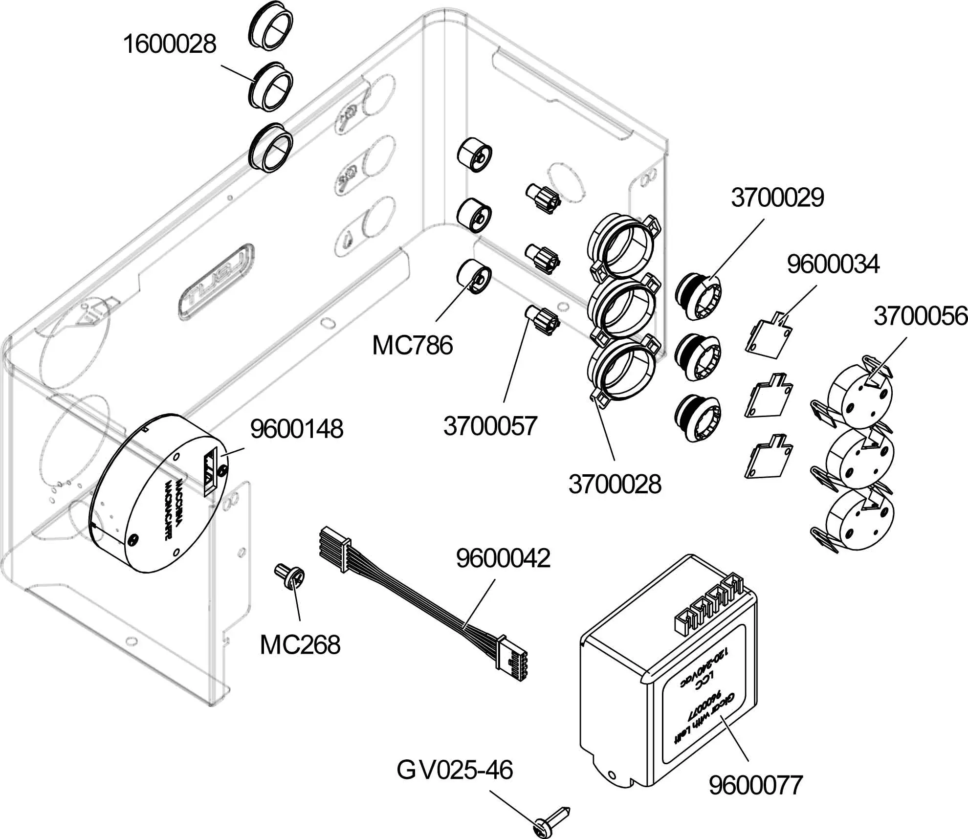 Exploded Parts Diagram of an electronic device assembly, such as the Lelit PL92T Elizabeth V3, showing labeled components, connectors, switches, control unit, wires, and mounting hardware arranged separately for clarity. 2025 1st-line.com