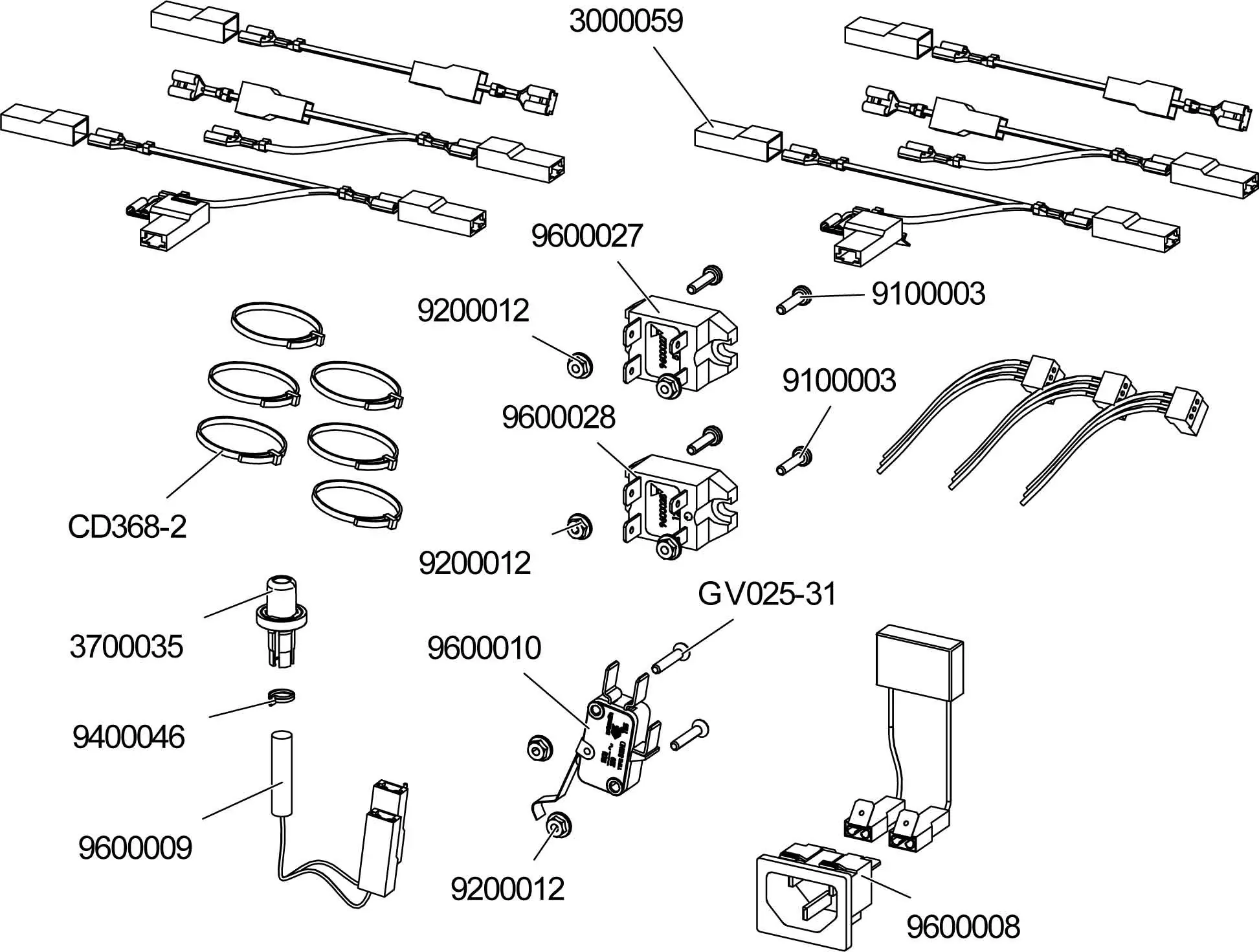 A technical Parts Diagram illustrating various labeled electrical components, connectors, switches, and wiring harnesses for the Lelit PL92T Elizabeth V3, each arranged separately with a part number for easy identification. 2025 1st-line.com