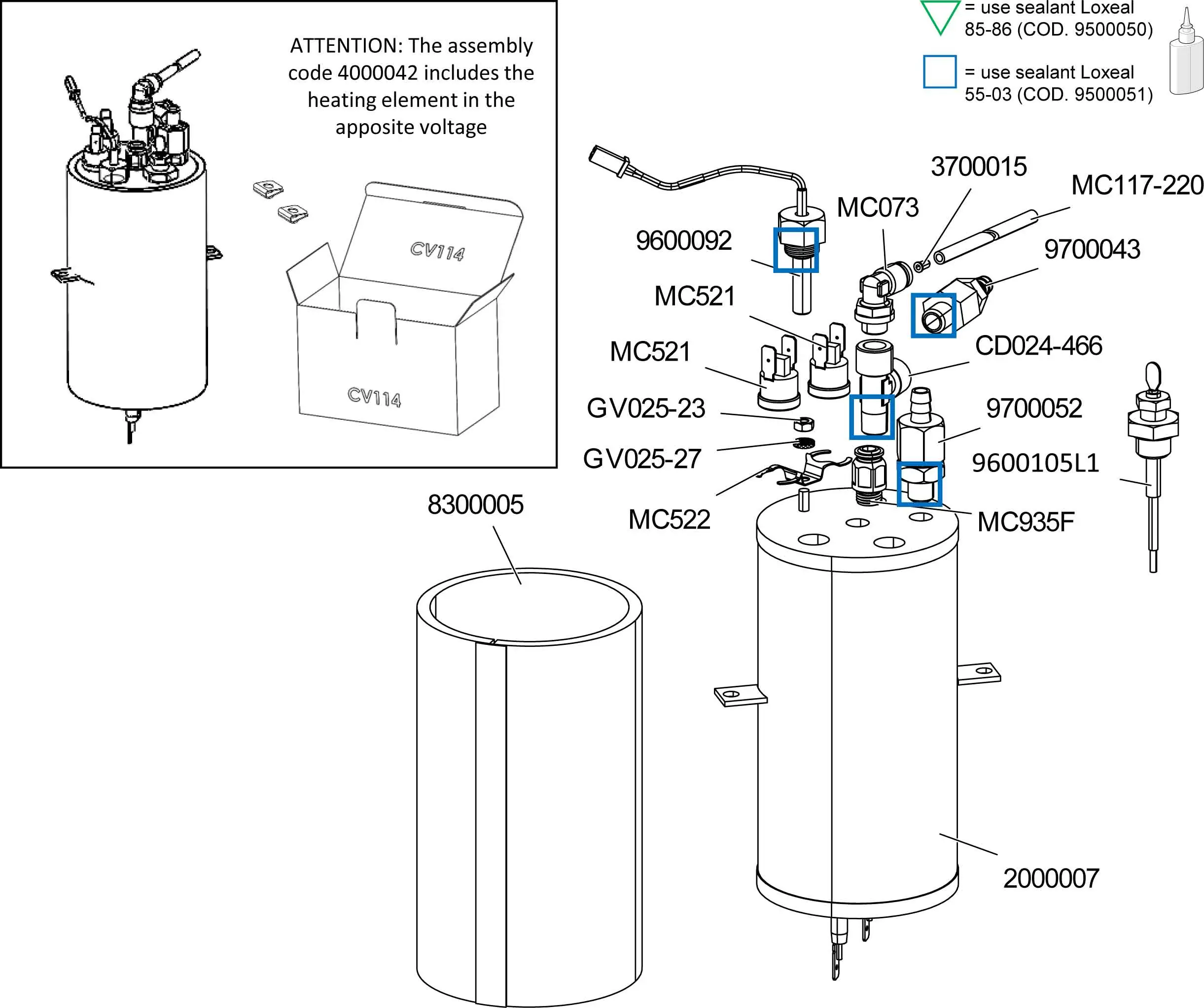 Line drawing parts diagram of a cylindrical water heater, with labeled components—valves, sensors, and connectors—for the Lelit PL92T Elizabeth V3. Inset shows the heater in a box and notes the heating elements voltage code. 2025 1st-line.com