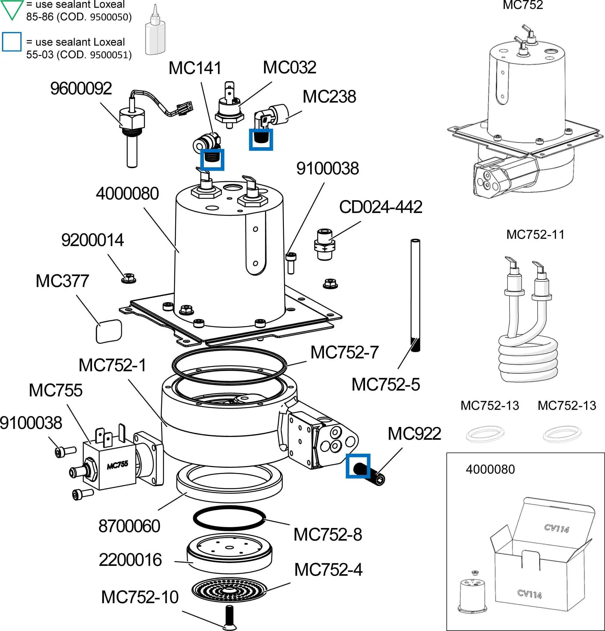 Exploded Parts Diagram of a mechanical device, similar to the Lelit PL92T or Elizabeth V3, with labeled parts, connectors, seals, screws, and a cardboard box for packaging; component codes and sealant usage are indicated. 2025 1st-line.com