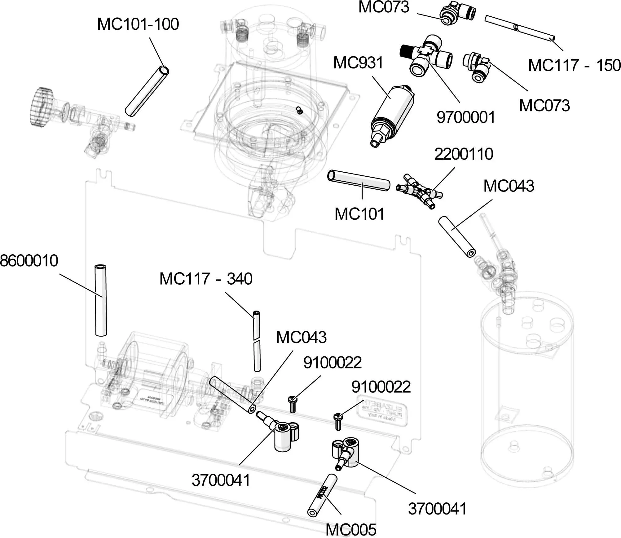 Technical Parts Diagram for Lelit PL92T Elizabeth V3, featuring labeled components like MC101, MC117-340, and 2200110. Cylinders, valves, and connectors are illustrated with lines and part numbers for easy identification. 2025 1st-line.com