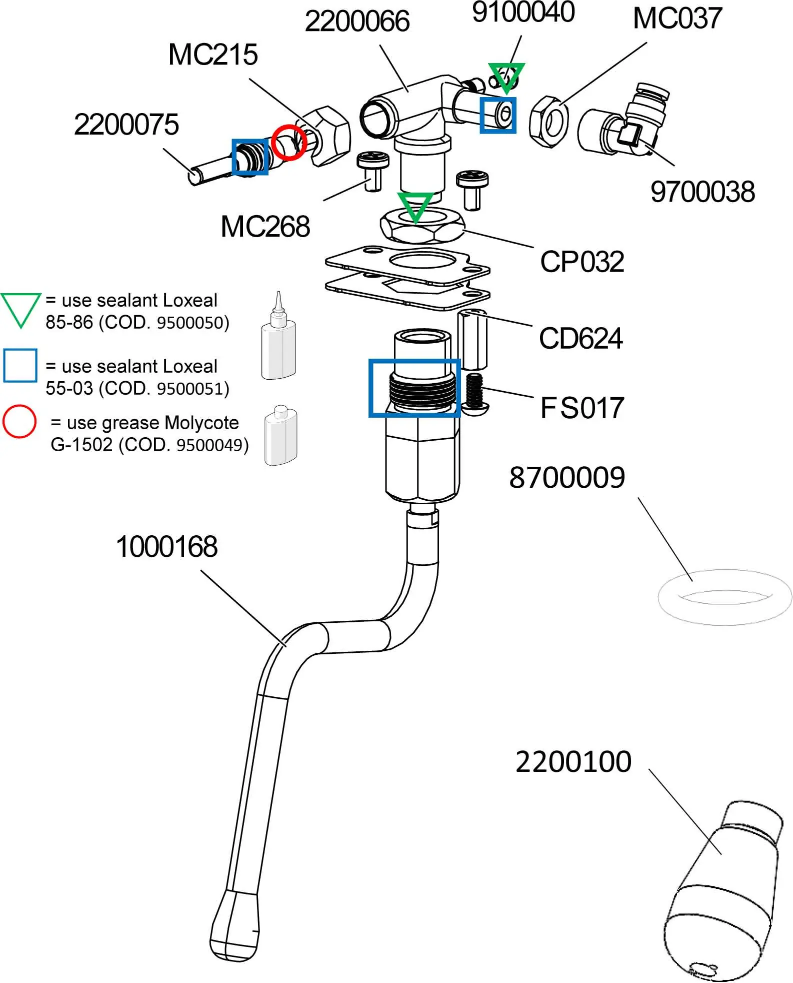 Exploded Parts Diagram of a faucet assembly—like the Lelit PL92T or Elizabeth V3—with labeled parts, colored symbols for sealants or grease application, and part numbers. Some components are highlighted or circled for emphasis. 2025 1st-line.com