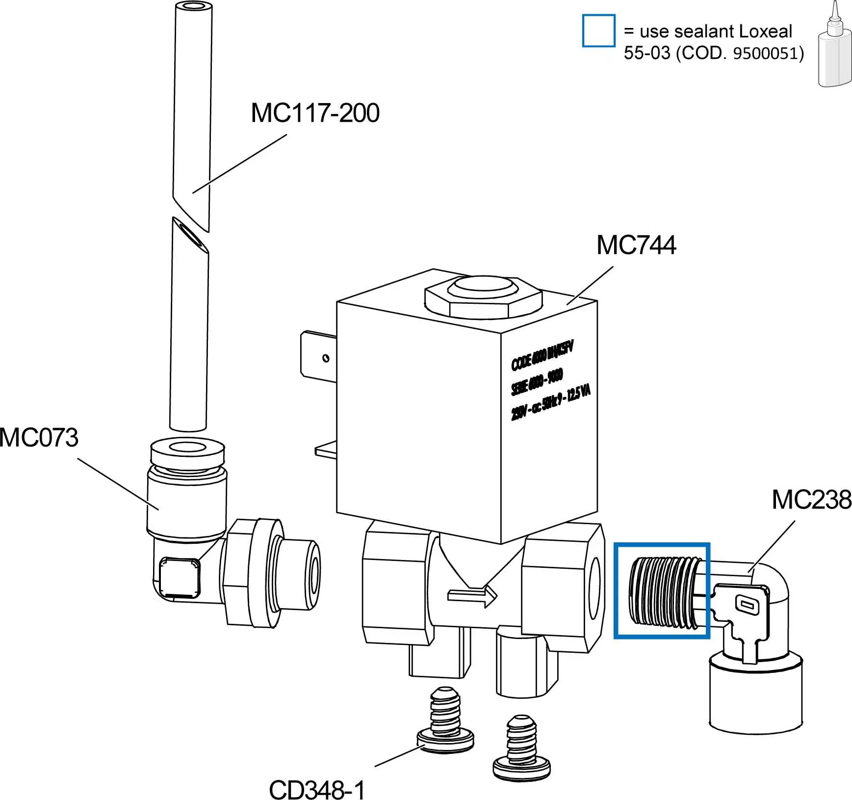Exploded parts diagram of a Lelit PL92T Elizabeth V3 solenoid valve assembly, showing labeled components MC117-200, MC073, MC744, CD348-1, and MC238. An icon highlights where sealant should be applied on one connection. 2025 1st-line.com