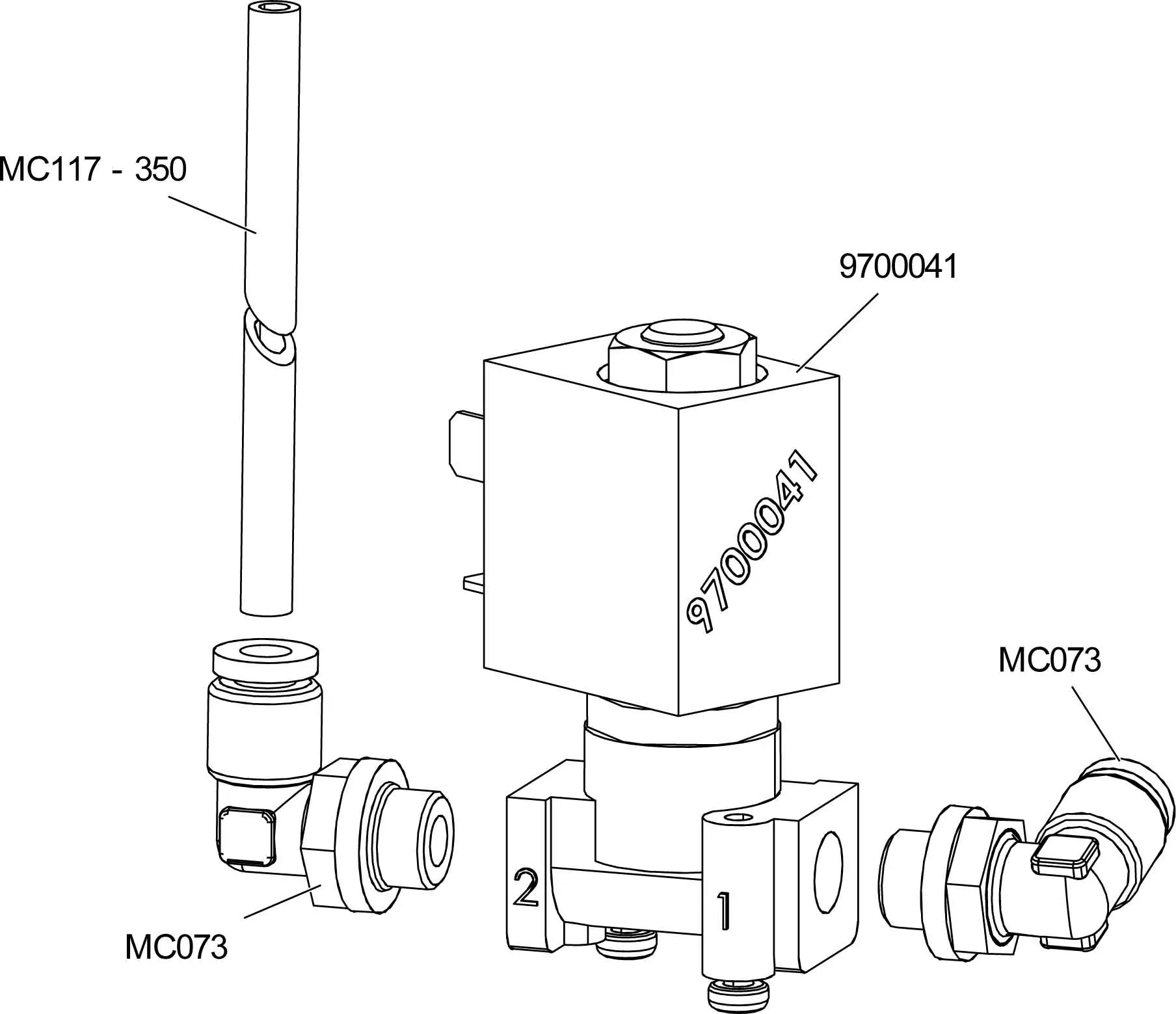 Parts Diagram: Line drawing of a solenoid valve (9700041) with two fittings (MC073) and a tube (MC117-350), shown separately and labeled. Compatible with Lelit PL92T Elizabeth V3. 2025 1st-line.com