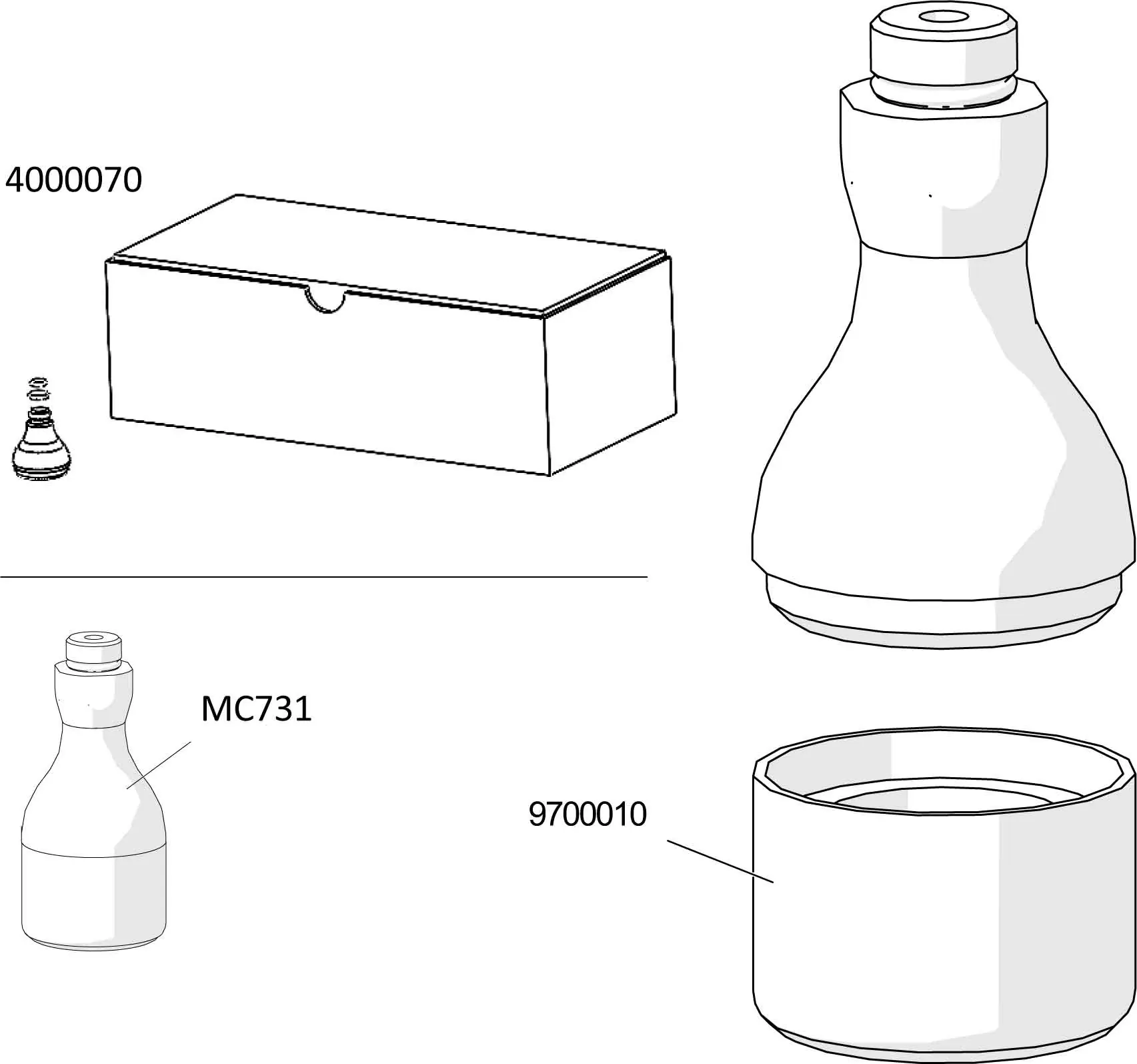 Line drawing showing four items from the Lelit PL92T Elizabeth V3 parts diagram: a small cylindrical part with a spring, a rectangular box with a clasp, a bottle-shaped container labeled “MC731,” and a wide, round container labeled “9700010.”. 2025 1st-line.com