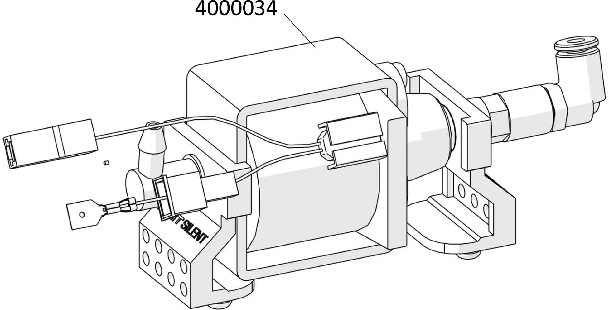 Line drawing of a mechanical device, labeled part number 4000034, from the Lelit PL92T Elizabeth V3 Parts Diagram, featuring a cylindrical center, multiple connectors, wires, and mounting brackets on both sides. 2025 1st-line.com