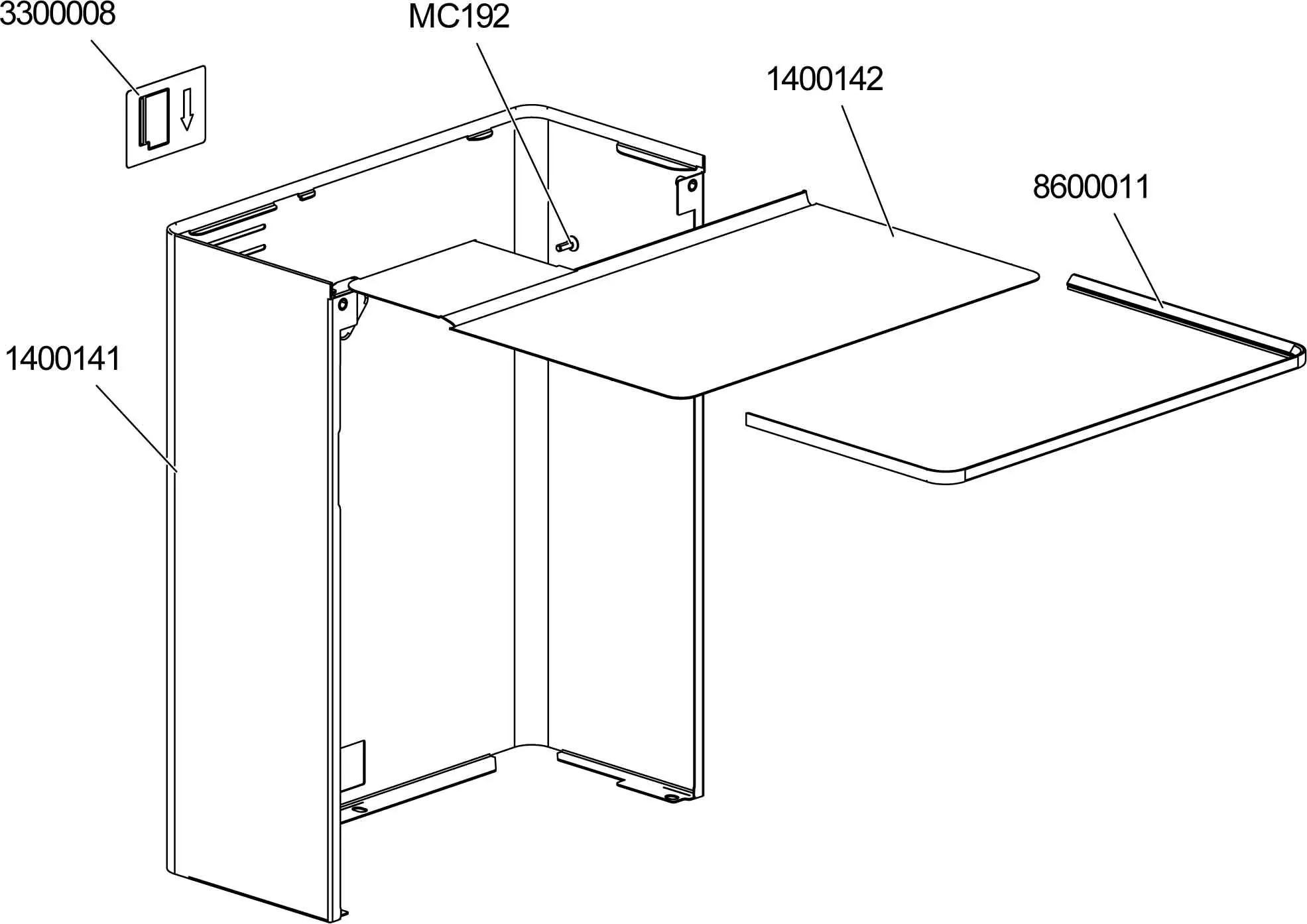 Parts Diagram: Line drawing of a partially assembled metal enclosure with four labeled parts—backplate (3300008), side panel (1400141), mounting clip (MC192), top cover (1400142), and a fold-out tray or shelf (8600011). 2025 1st-line.com