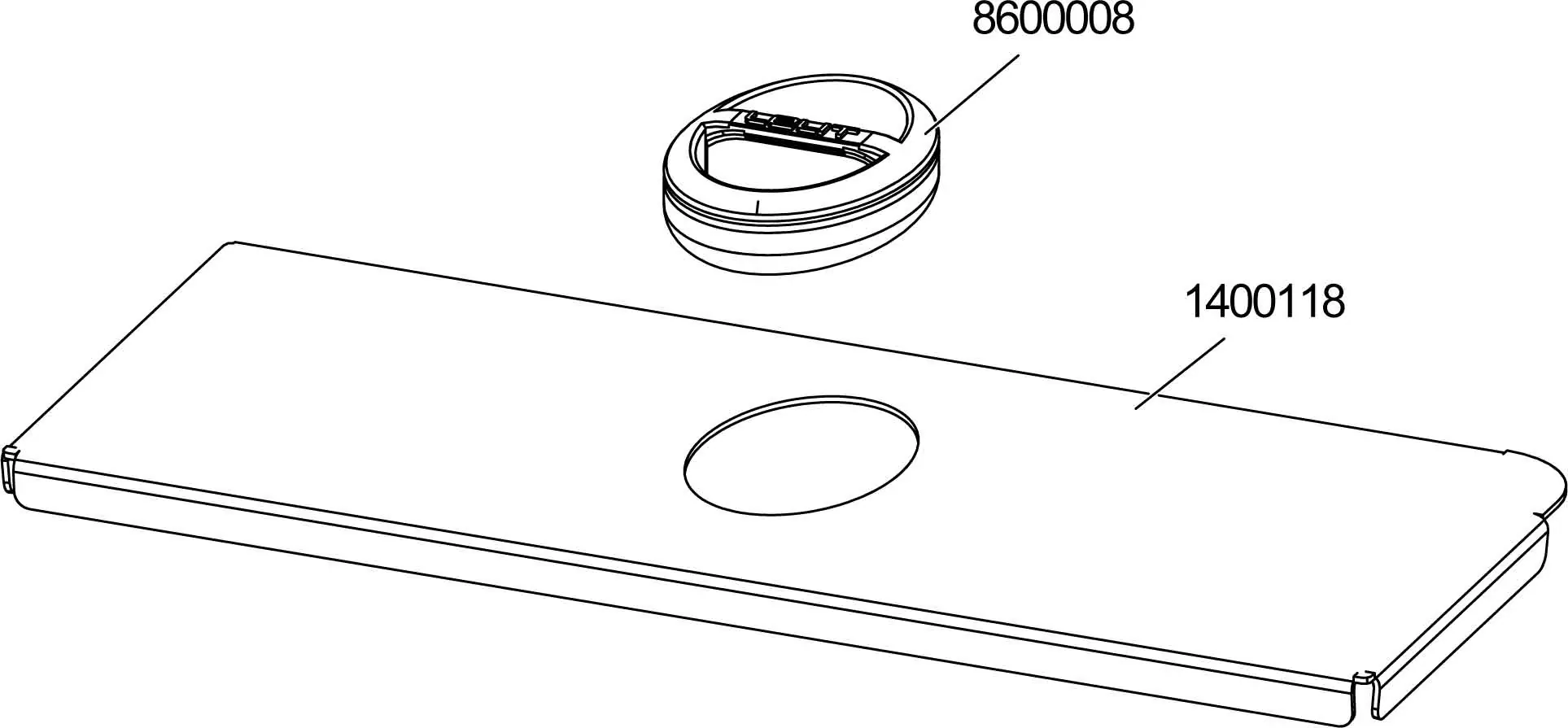 Line drawing of two labeled items from the Lelit PL92T Parts Diagram: a circular object labeled 8600008 above a rectangular flat panel with a central hole, labeled 1400118, for Elizabeth V3. 2025 1st-line.com