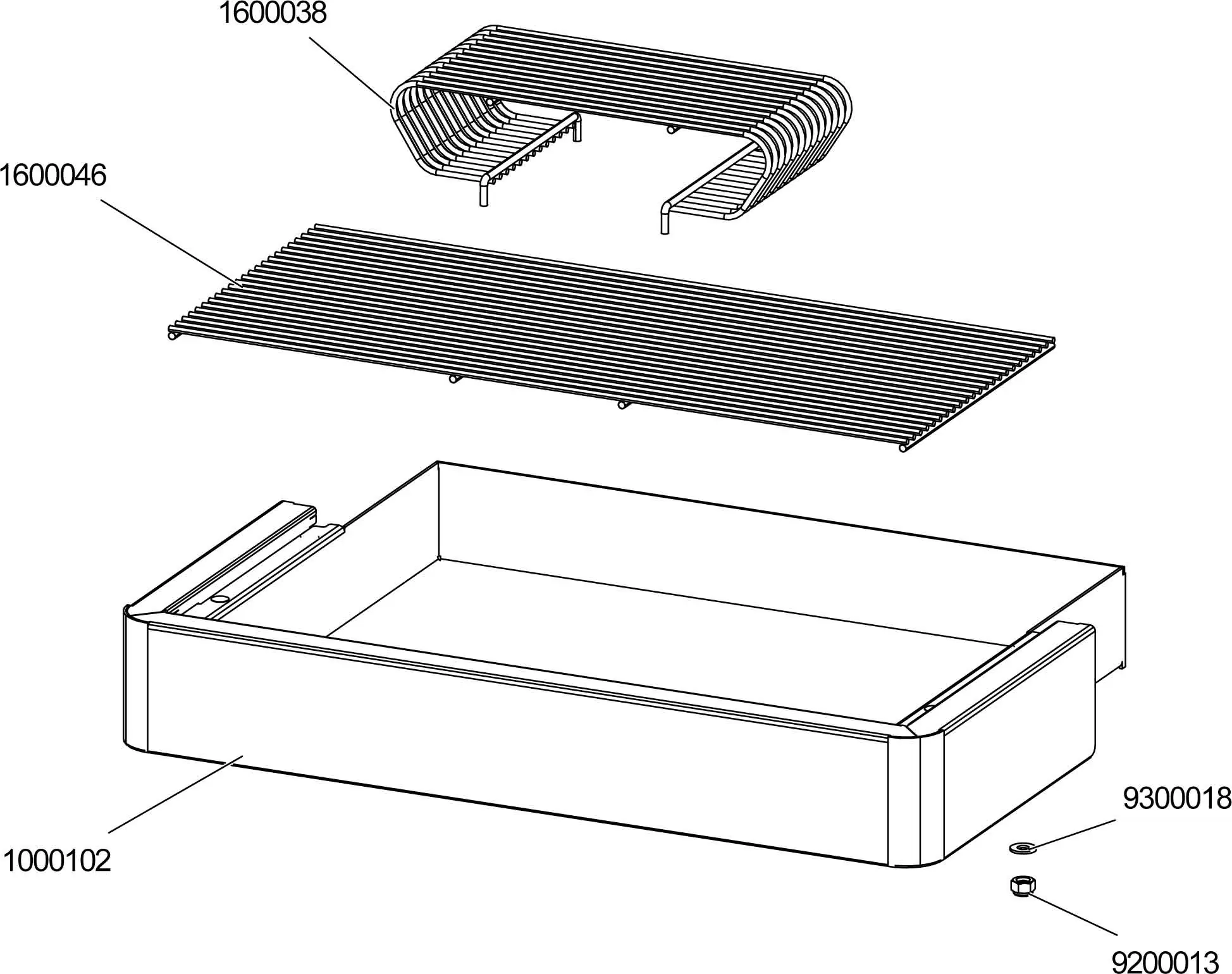 Exploded view of a rectangular appliance, such as the Lelit PL92T, with labeled parts: main body, grill lid, slatted rack, small cylindrical component, and tiny screw or bolt—each uniquely numbered in this detailed parts diagram. 2025 1st-line.com