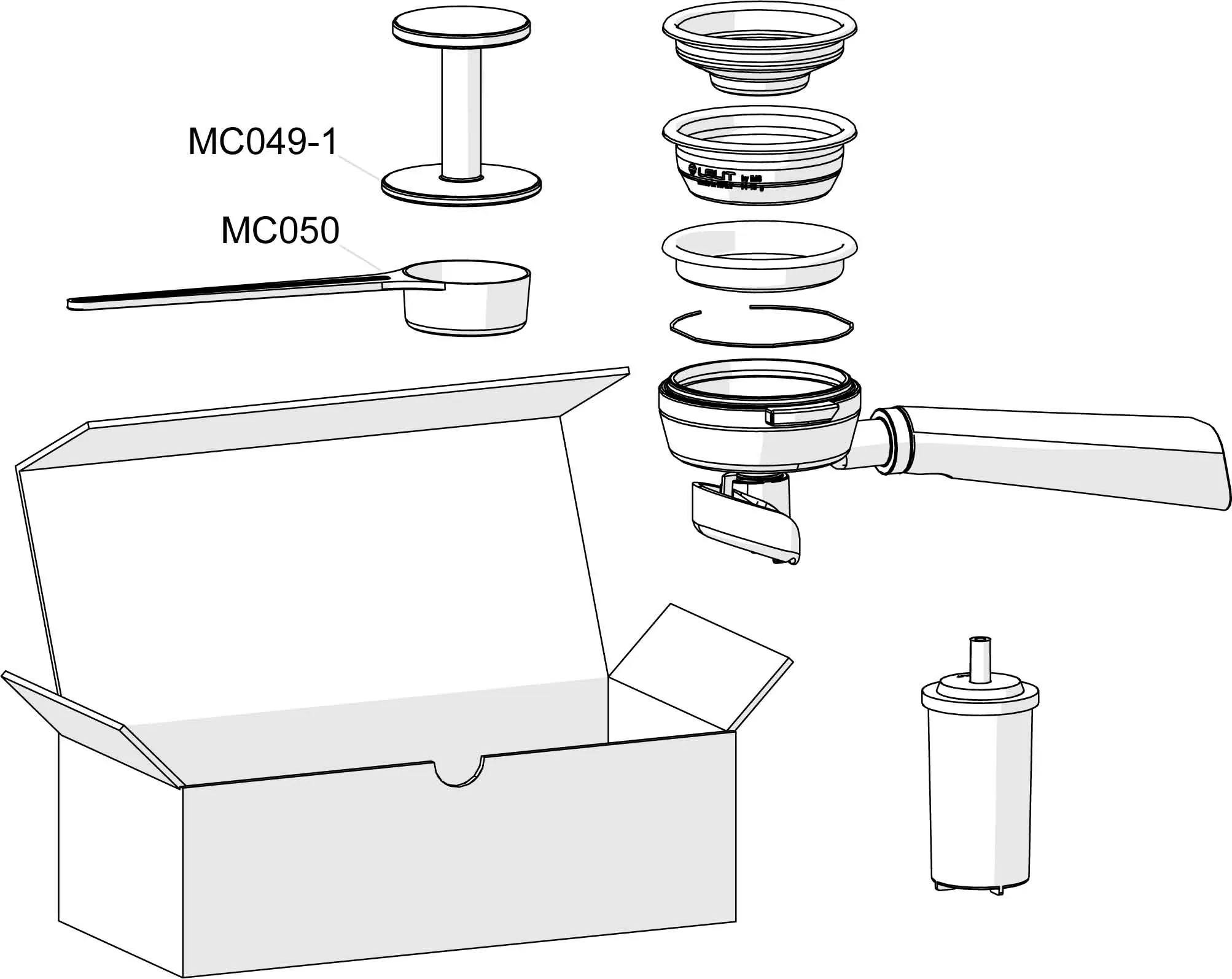 Line drawing of a boxed Lelit PL92T Elizabeth V3 coffee machine kit, featuring a portafilter, tamper (MCO49-1), scoop (MCO50), water filter, and various portafilter components arranged above as a clear parts diagram. 2025 1st-line.com