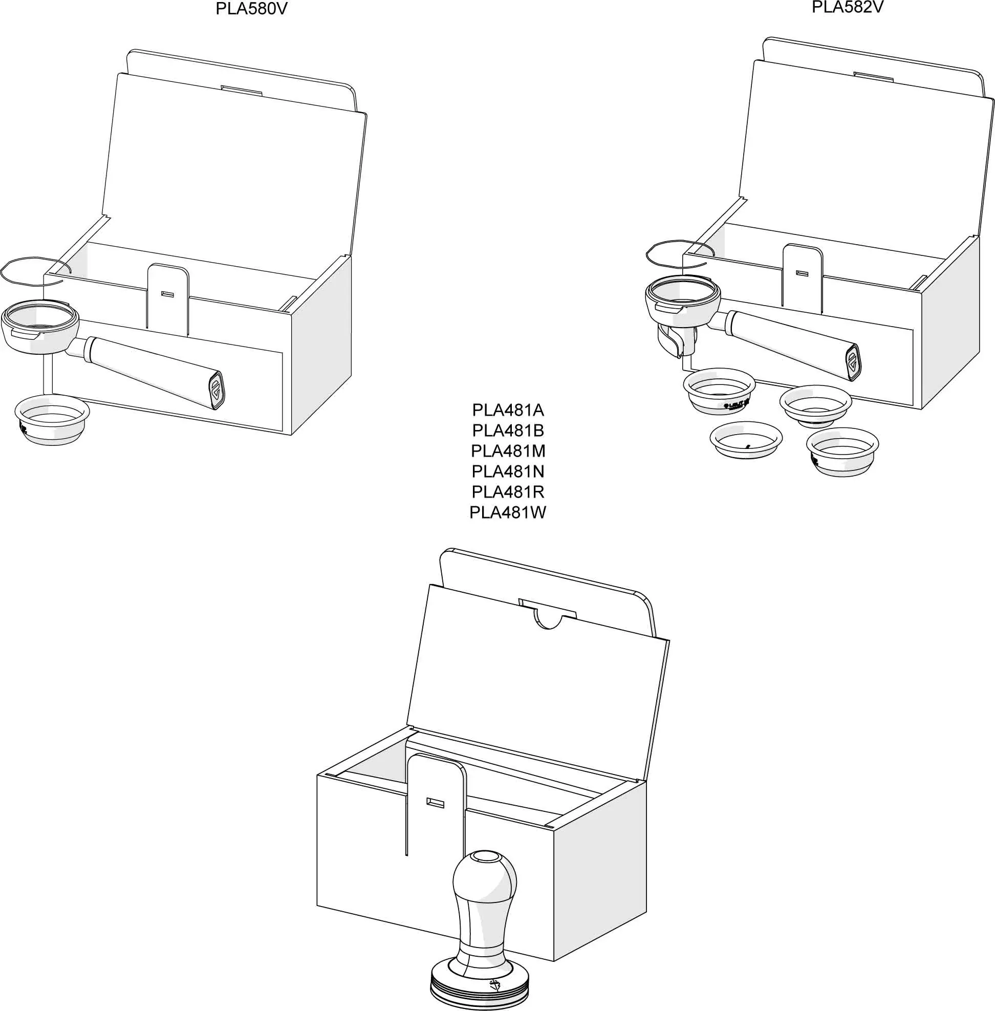 Three labeled illustrations of boxes display coffee-making accessories: two boxes (top) show multiple small items inside and beside them, while the bottom box contains only one accessory. Model numbers, including Lelit PL92T Elizabeth V3, are listed in the center as a parts diagram. 2025 1st-line.com