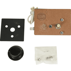 A Bloomfield 8812-61 Timer 8 Minute 120V TBF-T1602-120T control panel kit, featuring a brown circuit board, black mounting plate and knob, screws, and a white cable, is displayed on a white background. © 2025 1st-line.com