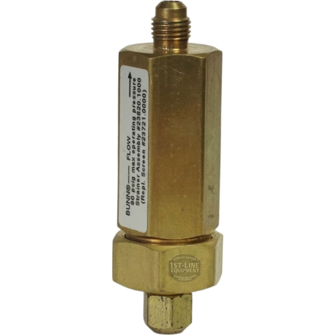 A brass water strainer with .250 flare male threads, a white label on the side, and “1ST-LINE EQUIPMENT” engraved near the bottom. Compatible with Bunn 23820.1000 Water Strainer for improved filtration performance. © 2025 1st-line.com