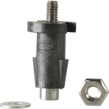 A Bunn 07412.1002 Liquid Level Probe Kit - 1.25 metal stud with a threaded top, hex nut, and washer is shown on a white background, with 1ST LINE EQUIPMENT printed on its cylindrical body. © 2025 1st-line.com