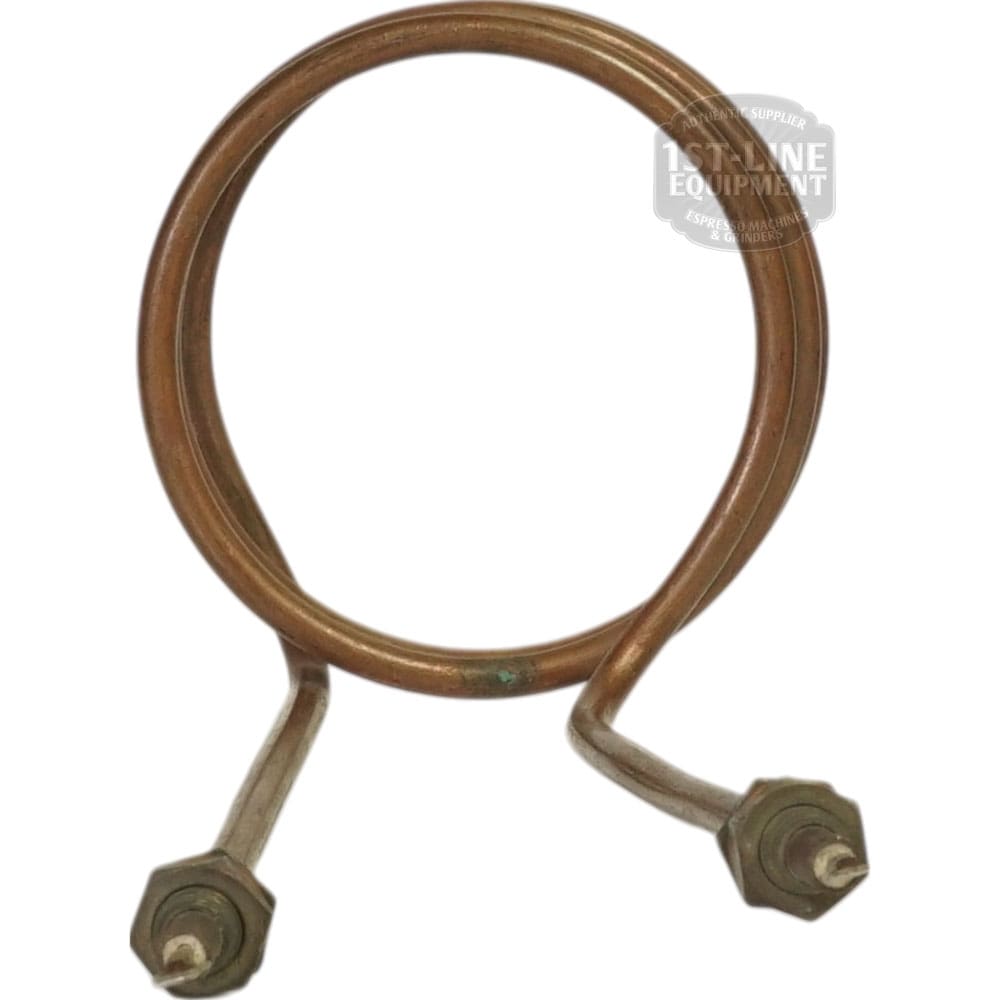 A Chromalox 208V 4500W Heating Element, featuring a coiled copper tube forming a circular loop with two outward-angled metal fittings at each end, rests on a white background. © 2025 1st-line.com