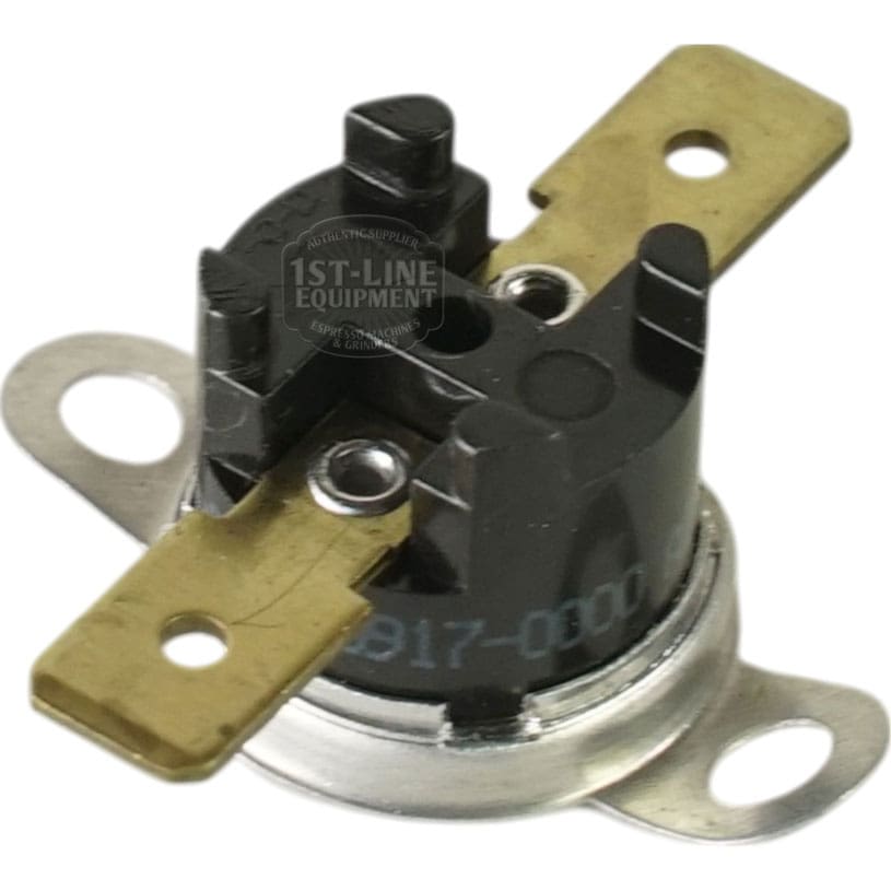 A close-up of a Bunn 23917.0000 High Limit Thermostat, featuring a black and metallic body with two brass terminals and mounting holes, photographed against a white background. © 2025 1st-line.com