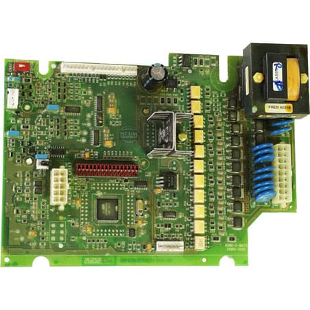 A close-up of a green electronic circuit board with connectors, chips, a blue coil, and a yellow-black REMCO relay, featuring the Bunn 29969.0000 Main Control Circuit Board. © 2025 1st-line.com