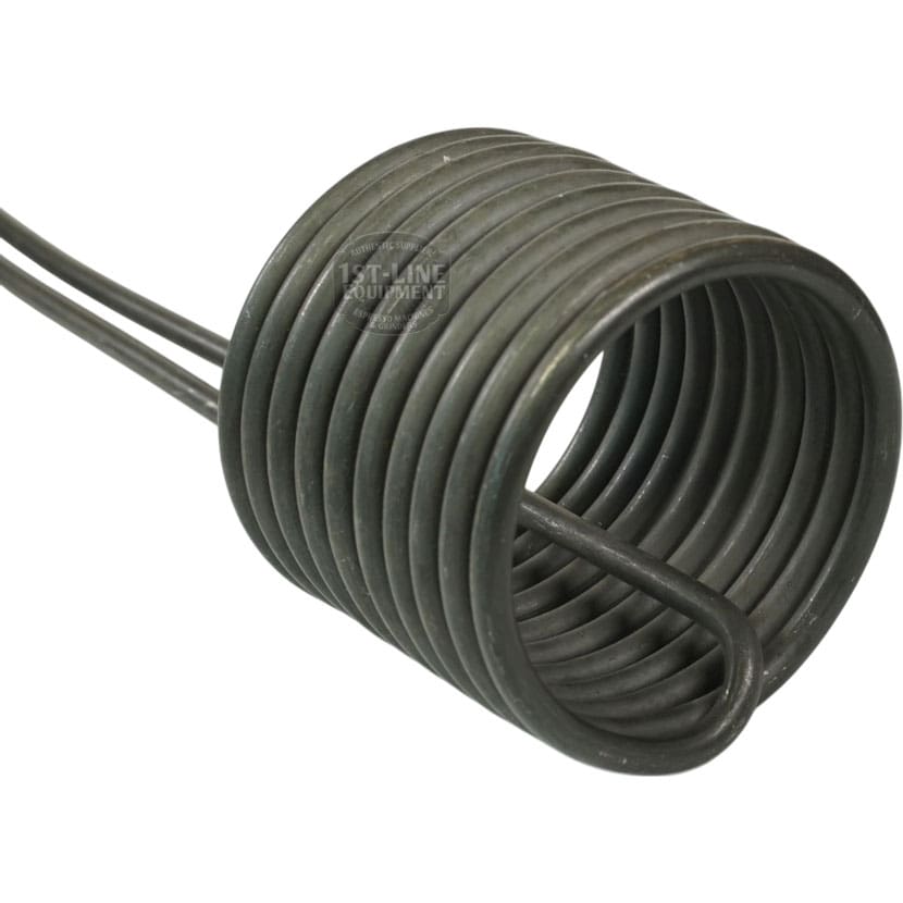 A close-up of a metal coil shaped into a cylindrical spiral with two straight ends, used as a Bunn Tank Heater Heating Element 230V 5500W for induction heating or as a replacement part. © 2025 1st-line.com