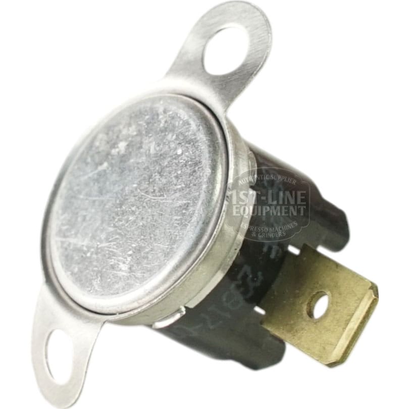 A close-up of the Bunn 23917.0000 High Limit Thermostat, featuring a metallic body with two mounting holes and an electrical terminal, commonly used in appliances or HVAC systems. © 2025 1st-line.com