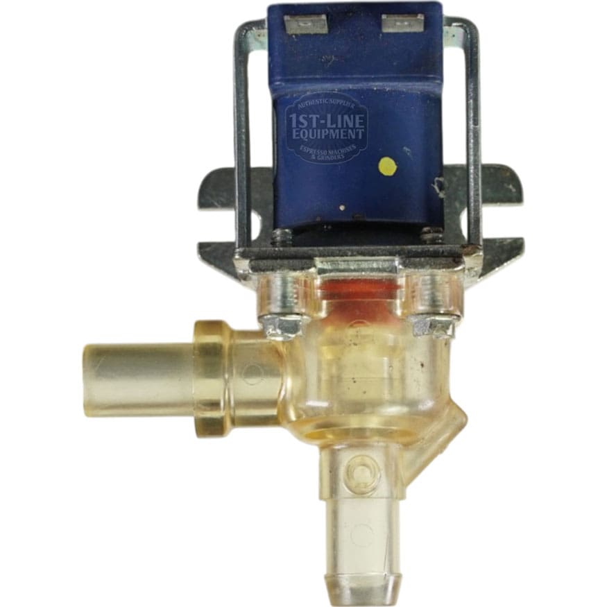 A close-up of the Bunn 27370.0007 Solenoid Valve Assembly – Bypass-Plastic, 120V, featuring a blue rectangular top, metal mounting brackets, and transparent plastic tubing connectors. © 2025 1st-line.com