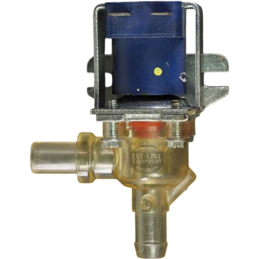 A close-up of the Bunn 27370.0007 Solenoid Valve Assembly—Bypass-Plastic, 120V—showing its blue rectangular coil, metal mounting bracket, and two fluid connectors. © 2025 1st-line.com